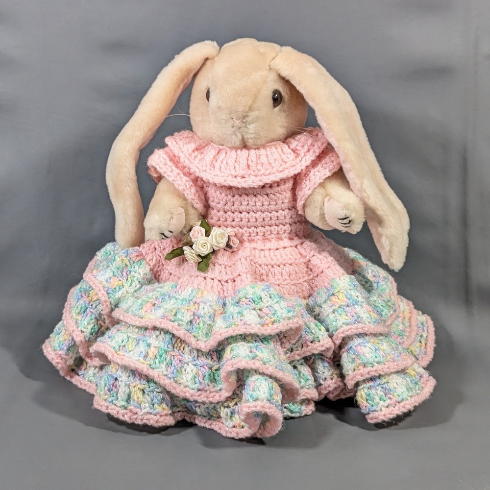 Plush Lop Eared Bunny in Pink Crochet Ruffle Dress 10 Inch Stuffed Animal